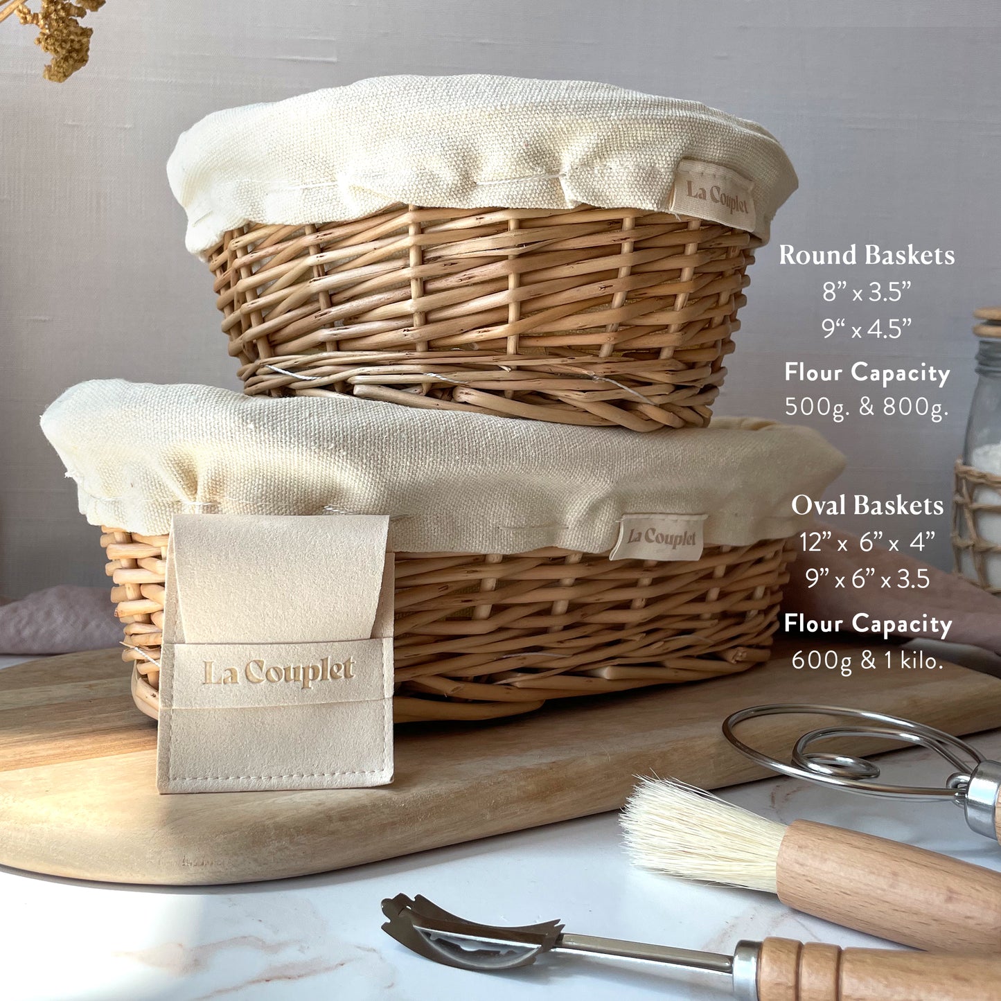 Bread Proofing Set, Wicker Basket, 8", 9" Round Basket, 9", 12" Oval Basket