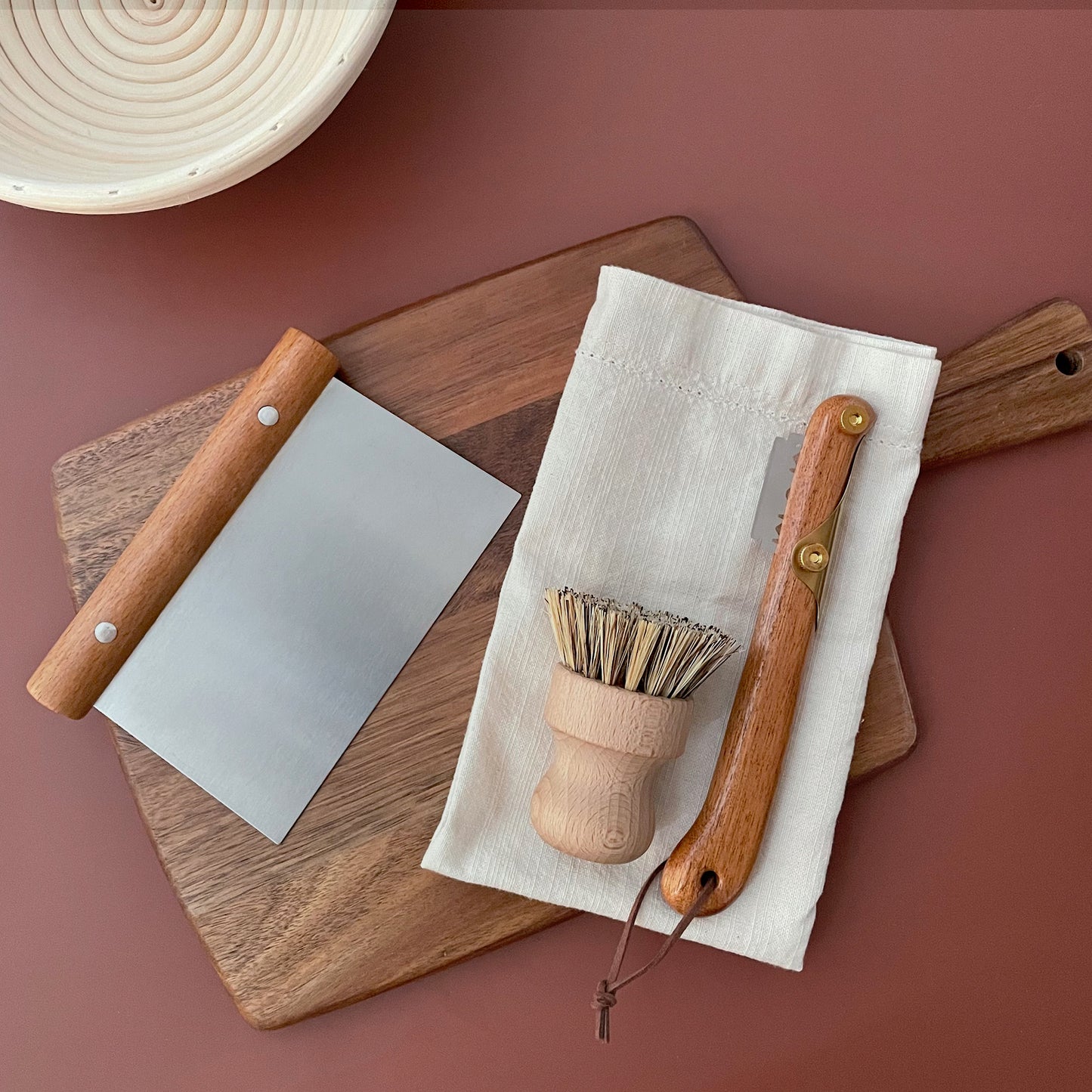 Sourdough Bread Proofing Quartet Set, 10 inch Round Banneton Basket, Bread Lame, Dough Scraper, Bristle Brush