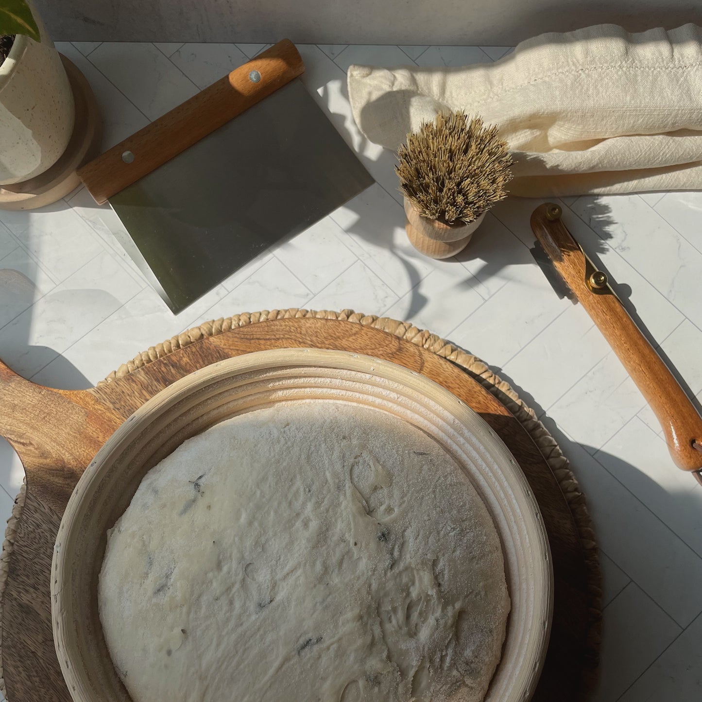 Sourdough Bread Proofing Quartet Set, 10 inch Round Banneton Basket, Bread Lame, Dough Scraper, Bristle Brush