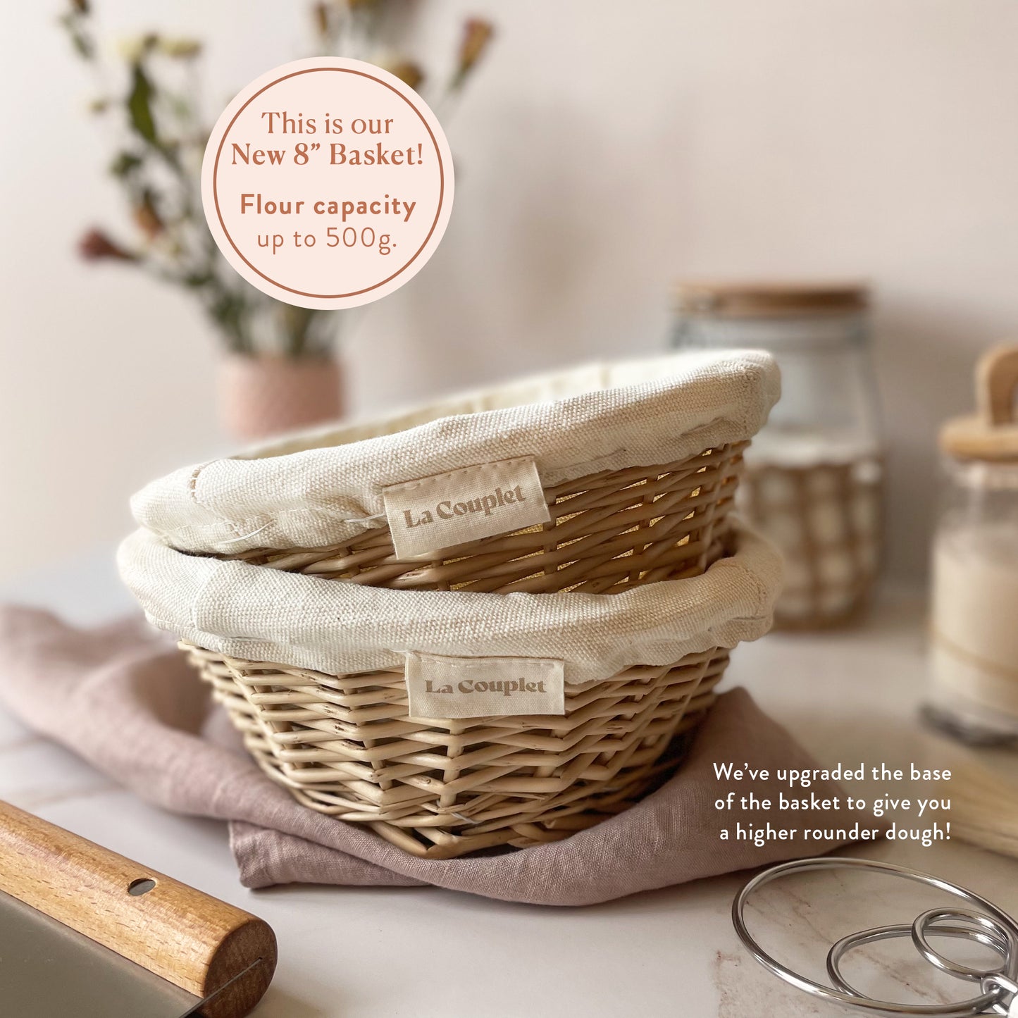 Bread Proofing Set, Wicker Basket, 8", 9" Round Basket, 9", 12" Oval Basket